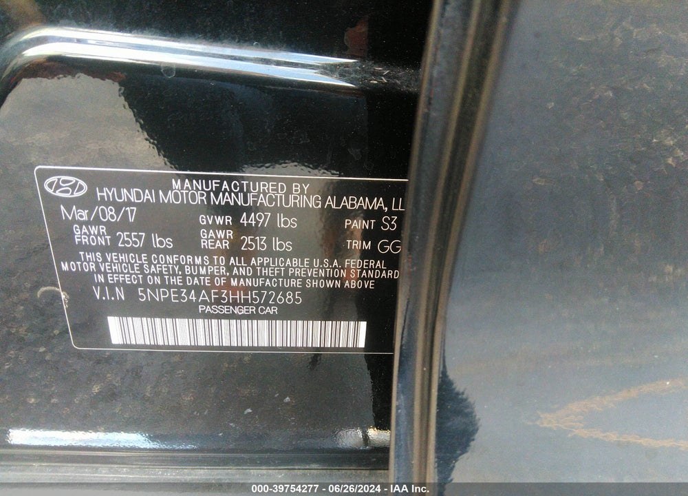 2017 HYUNDAI SONATA VIN: 5NPE34AF3HH572685