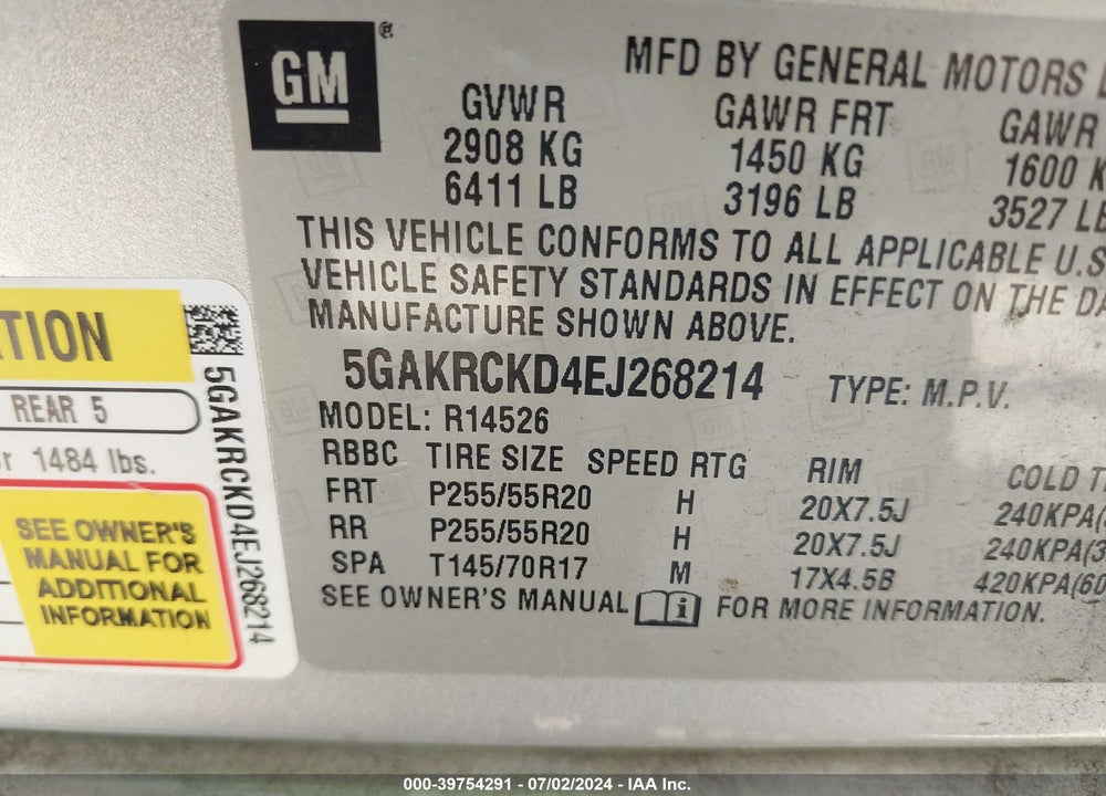 2014 BUICK ENCLAVE PREMIUM VIN: 5GAKRCKD4EJ268214