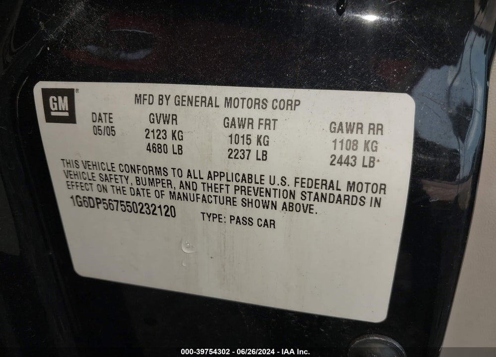 2005 CADILLAC CTS STANDARD VIN: 1G6DP567550232120
