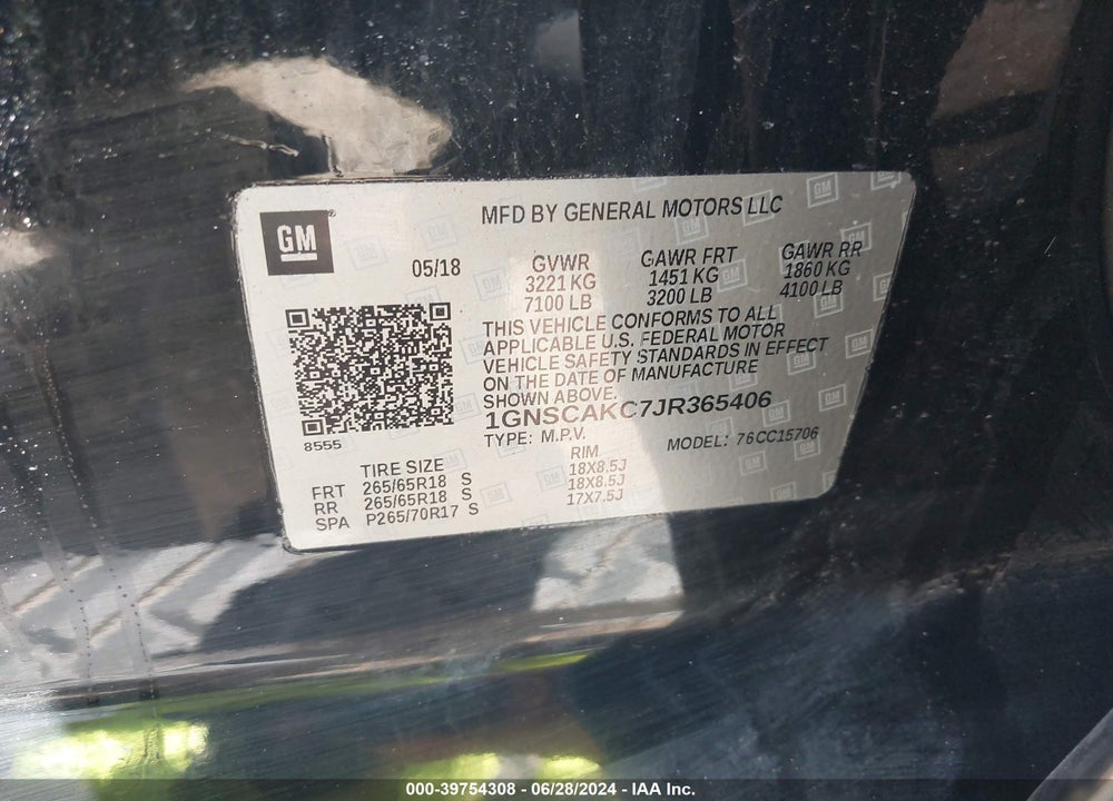 2018 CHEVROLET TAHOE LS VIN: 1GNSCAKC7JR365406