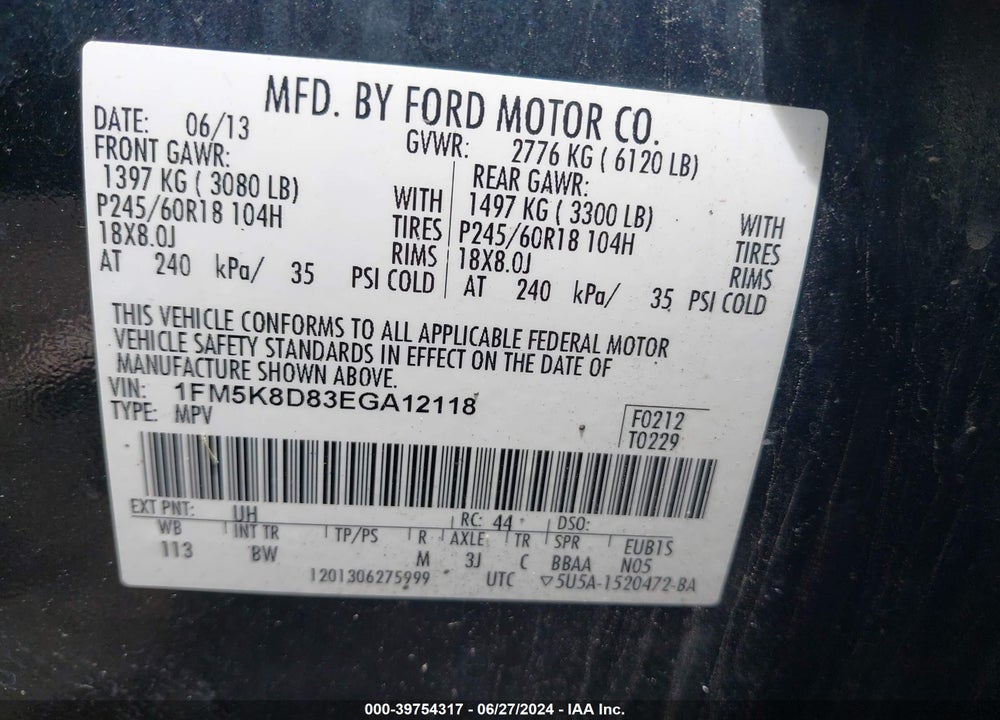 2014 FORD EXPLORER XLT VIN: 1FM5K8D83EGA12118