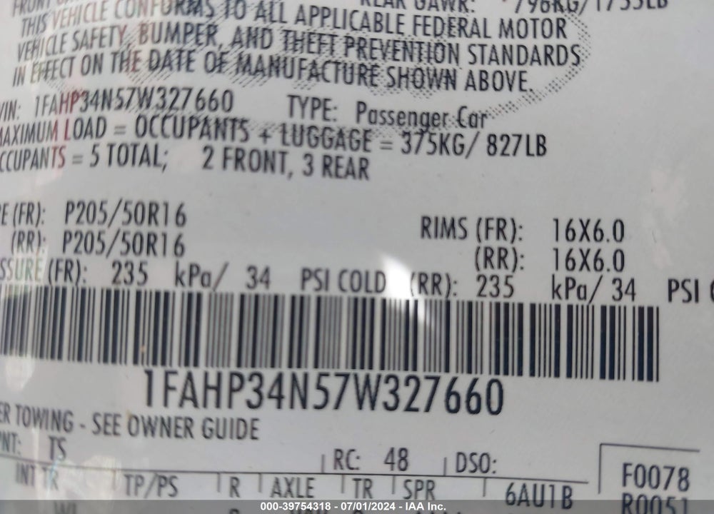 2007 FORD FOCUS S/SE/SES VIN: 1FAHP34N57W327660