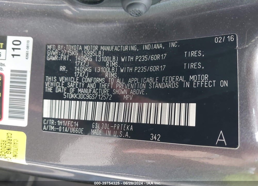 2016 TOYOTA SIENNA LE 8 PASSENGER VIN: 5TDKK3DC9GS712572