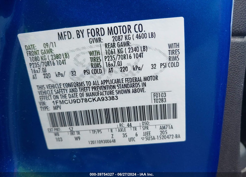 2012 FORD ESCAPE XLT VIN: 1FMCU9D78CKA93383