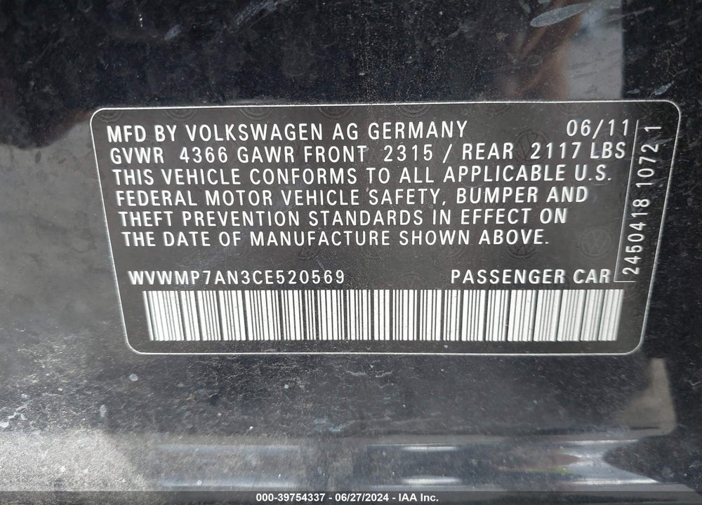 2012 VOLKSWAGEN CC SPORT VIN: WVWMP7AN3CE520569