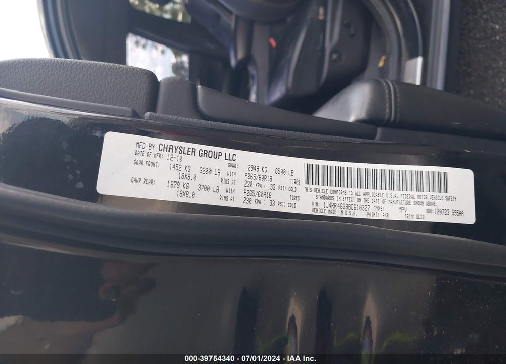 2011 JEEP GRAND CHEROKEE LAREDO VIN: 1J4RR4GG8BC610327