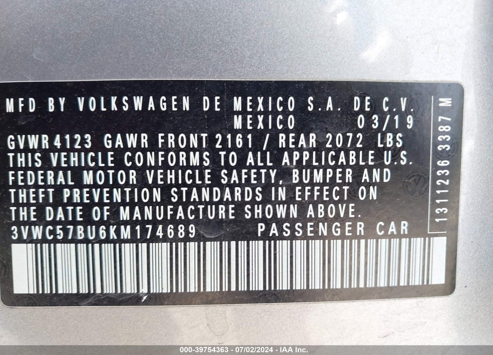2019 VOLKSWAGEN JETTA 1.4T R-LINE/1.4T S/1.4T SE VIN: 3VWC57BU6KM174689