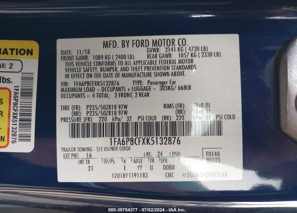 2019 FORD MUSTANG GT VIN: 1FA6P8CFXK5132876
