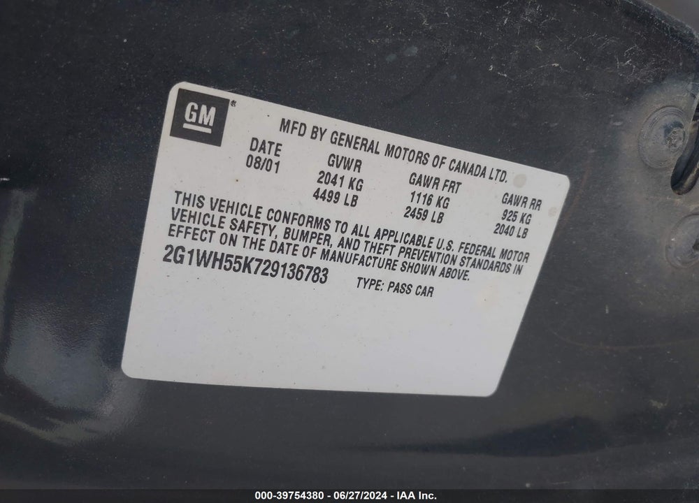 2002 CHEVROLET IMPALA LS VIN: 2G1WH55K729136783
