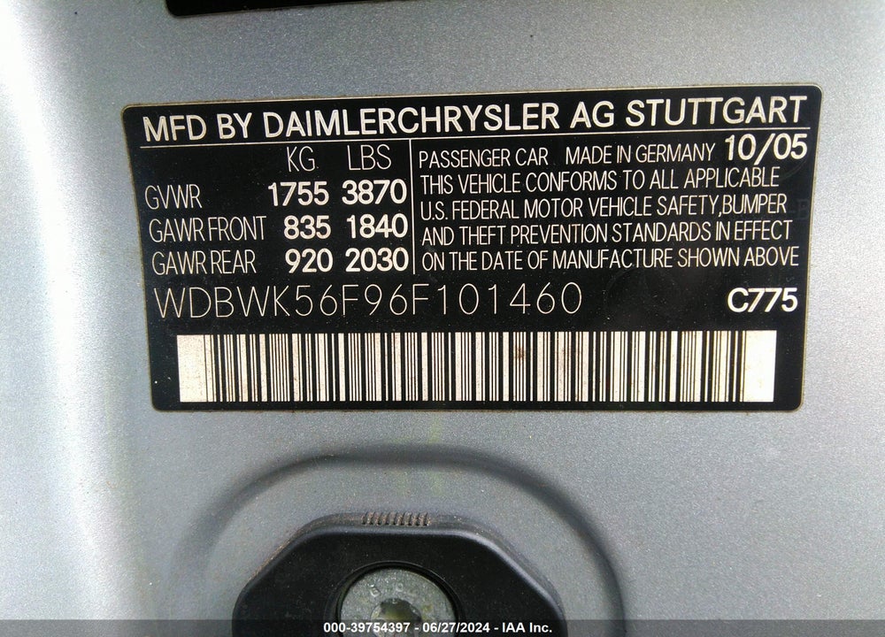 2006 MERCEDES-BENZ SLK 350 VIN: WDBWK56F96F101460