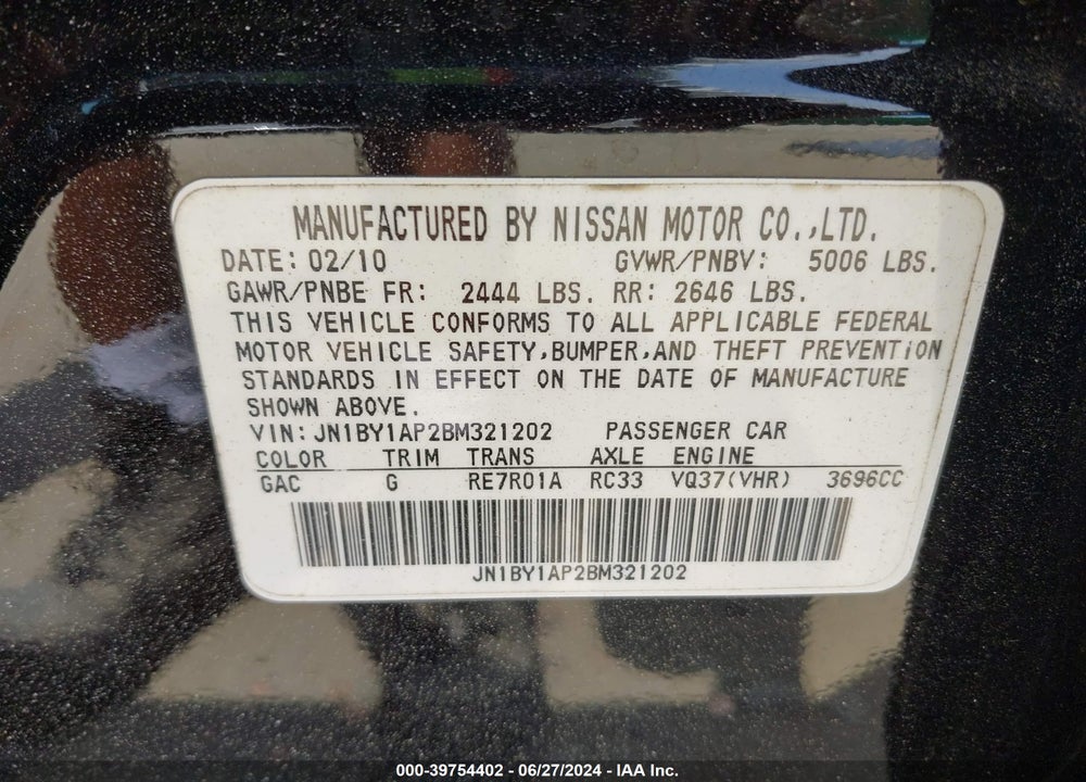 2011 INFINITI M37 VIN: JN1BY1AP2BM321202