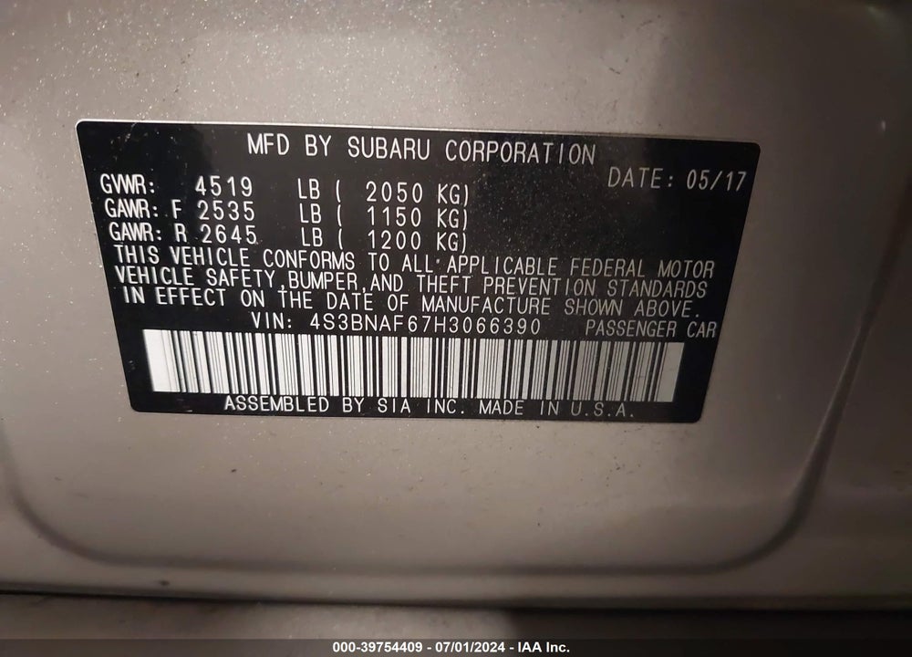 2017 SUBARU LEGACY 2.5I PREMIUM VIN: 4S3BNAF67H3066390