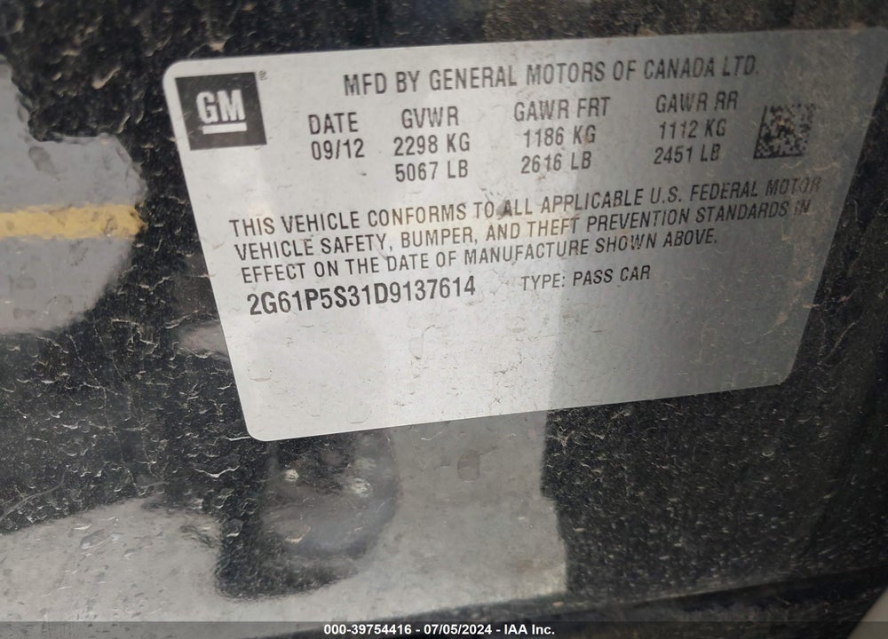 2013 CADILLAC XTS VIN: 2G61P5S31D9137614