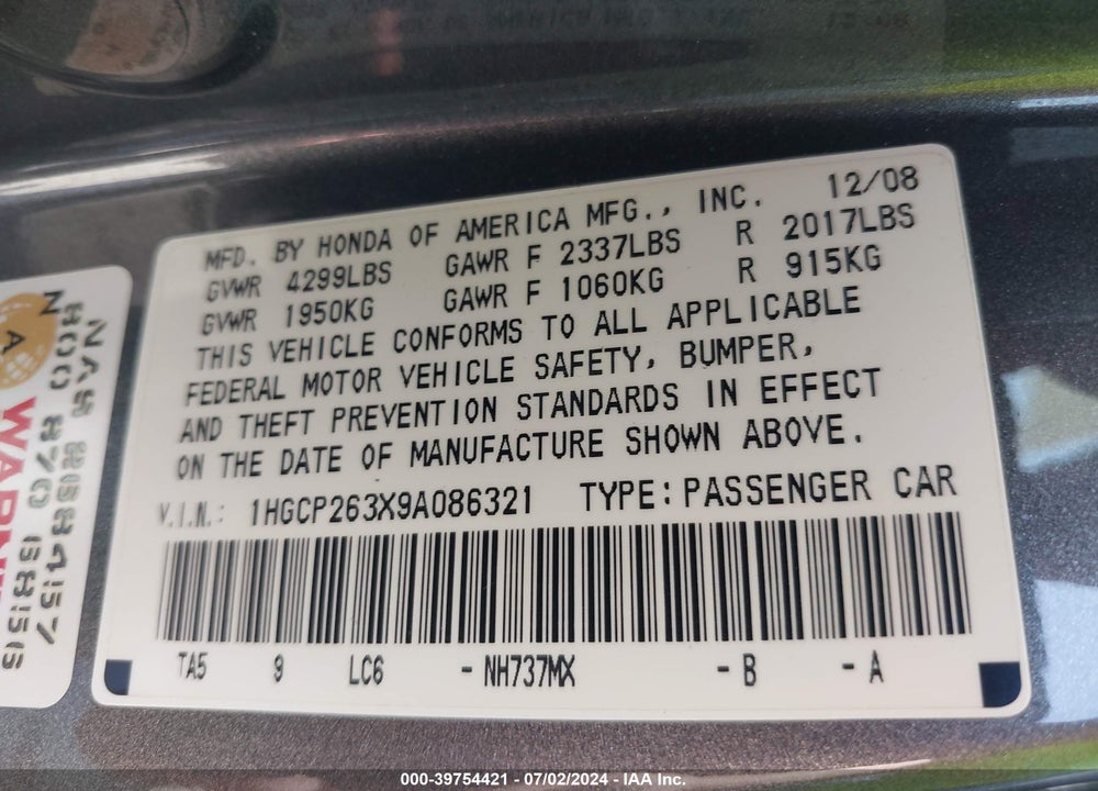 2009 HONDA ACCORD 2.4 LX VIN: 1HGCP263X9A086321