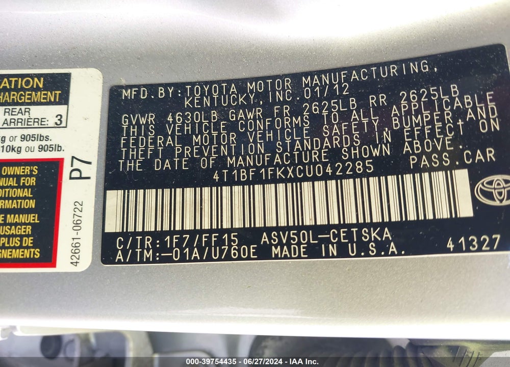 2012 TOYOTA CAMRY SE VIN: 4T1BF1FKXCU042285