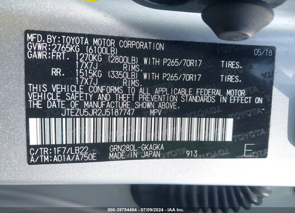 2018 TOYOTA 4RUNNER SR5 PREMIUM VIN: JTEZU5JR2J5187747