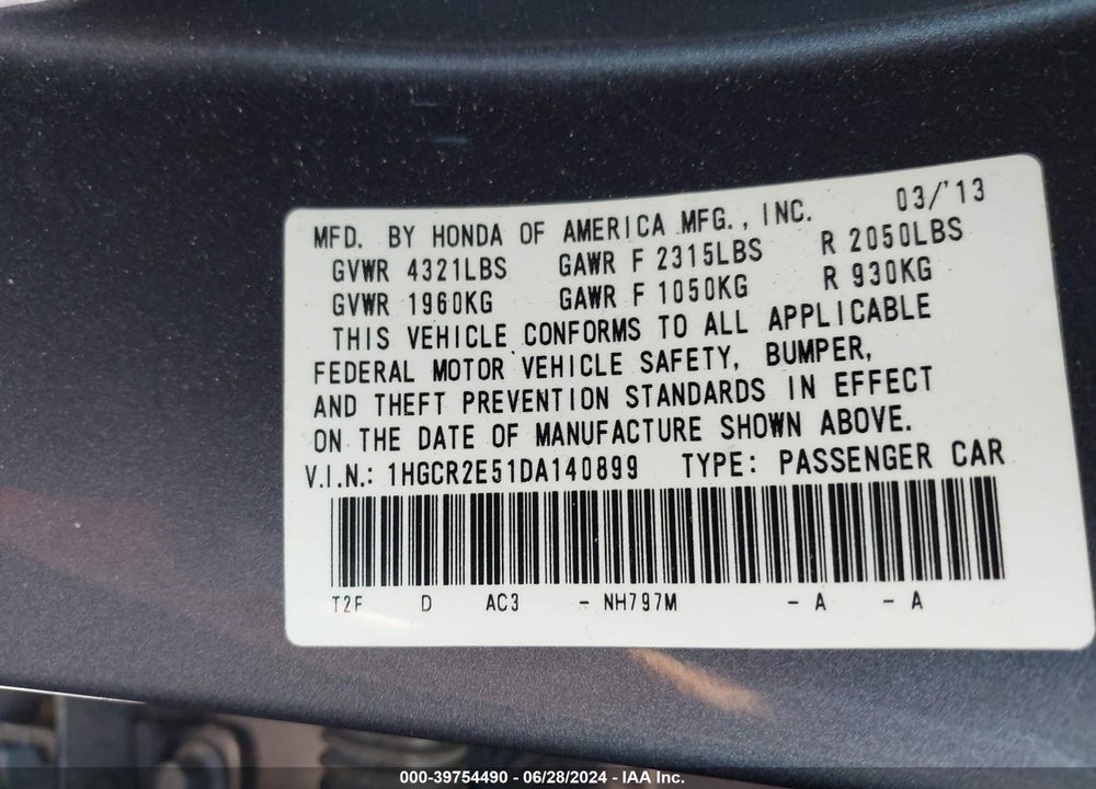 2013 HONDA ACCORD SPORT VIN: 1HGCR2E51DA140899