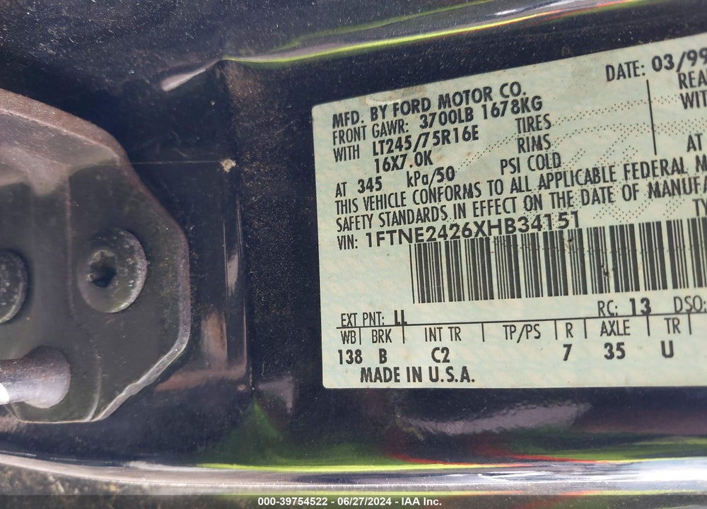 1999 FORD E-250 COMMERCIAL VIN: 1FTNE2426XHB34151