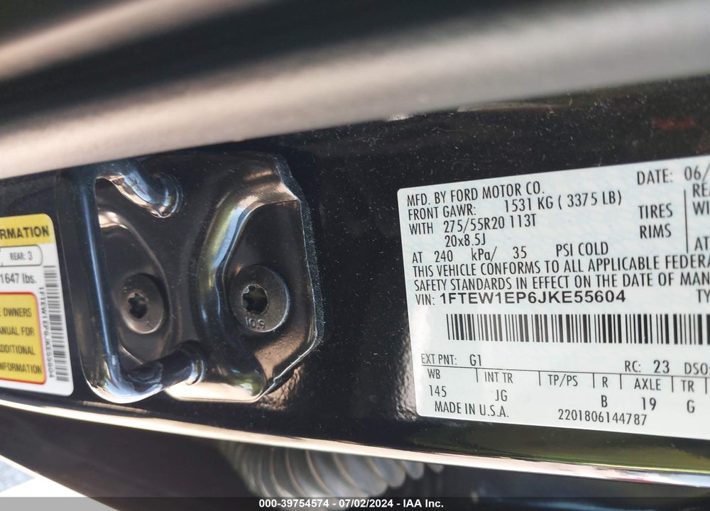 2018 FORD F-150 XL VIN: 1FTEW1EP6JKE55604