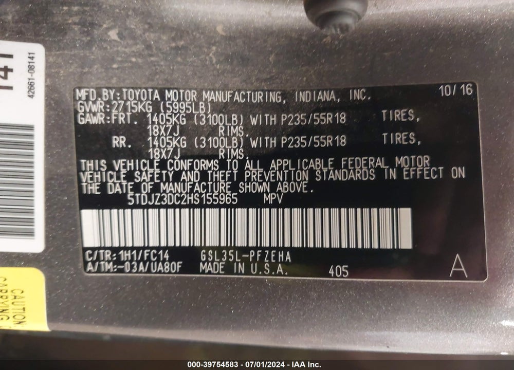 2017 TOYOTA SIENNA LE 7 PASSENGER VIN: 5TDJZ3DC2HS155965