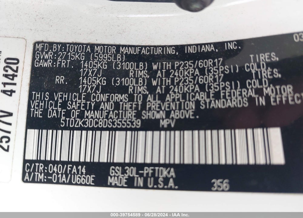 2013 TOYOTA SIENNA L V6 7 PASSENGER VIN: 5TDZK3DC8DS355539