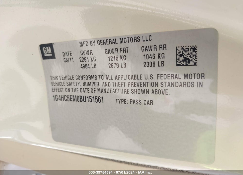 2011 BUICK LUCERNE CXL VIN: 1G4HC5EM0BU151561