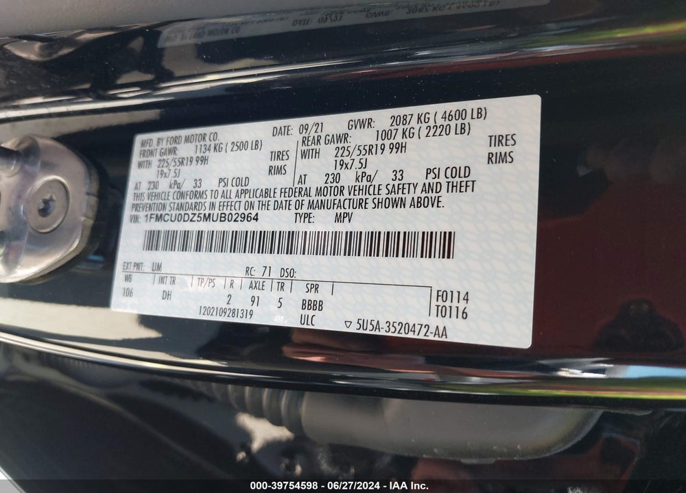 2021 FORD ESCAPE TITANIUM HYBRID VIN: 1FMCU0DZ5MUB02964