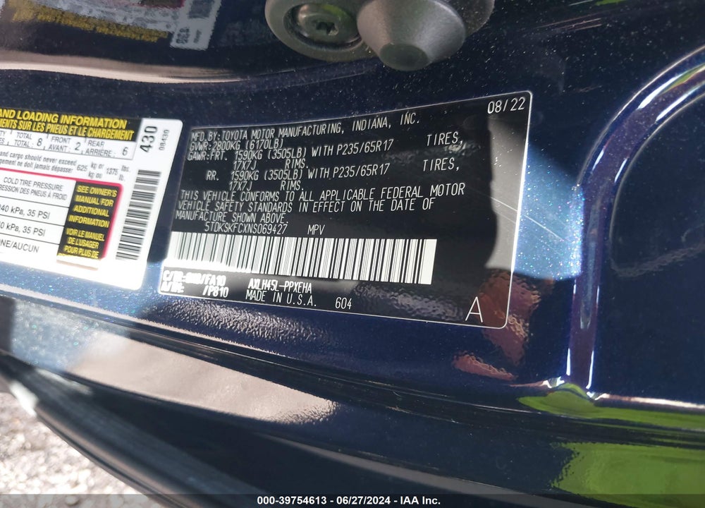 2022 TOYOTA SIENNA LE VIN: 5TDKSKFCXNS069427
