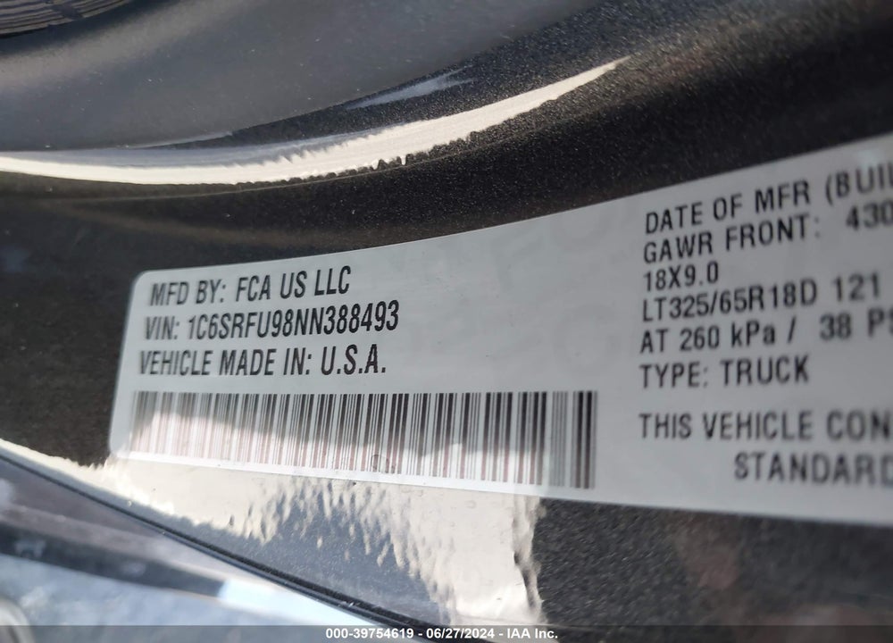 2022 RAM 1500 TRX 4X4 5'7 BOX VIN: 1C6SRFU98NN388493