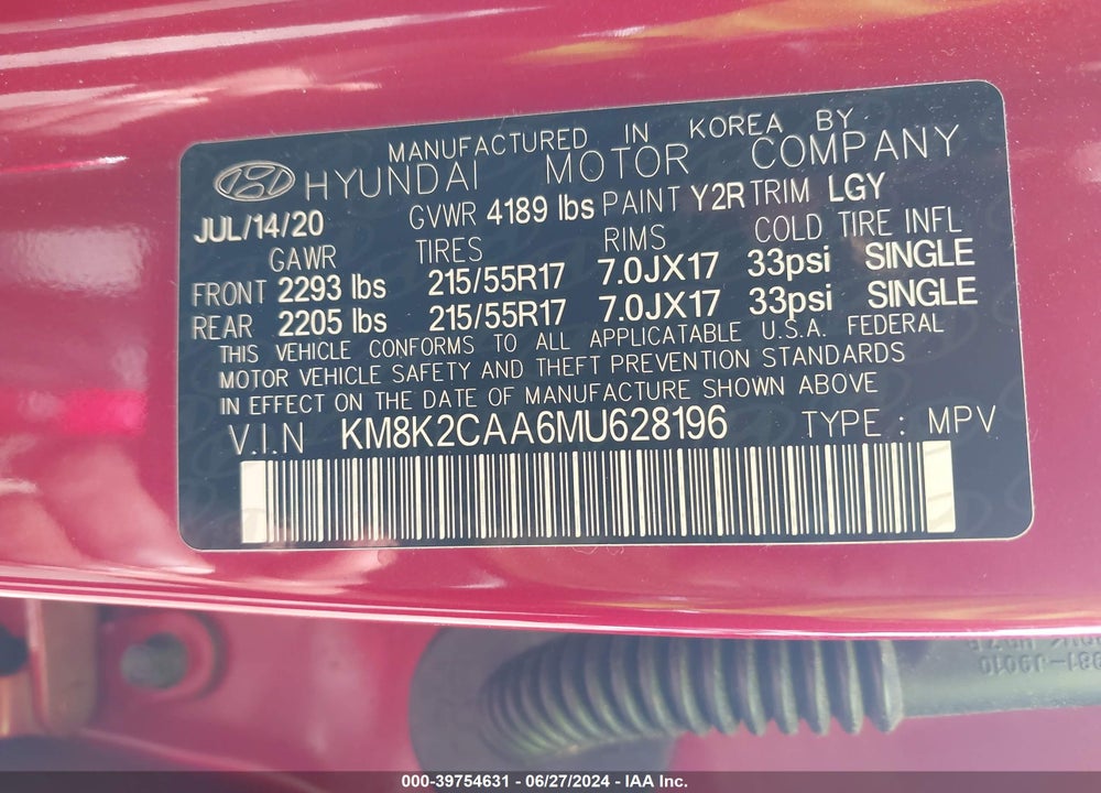 2021 HYUNDAI KONA SEL VIN: KM8K2CAA6MU628196