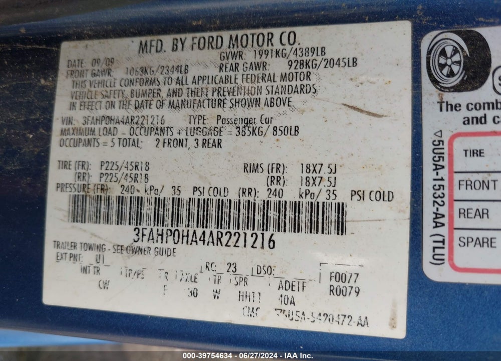 2010 FORD FUSION SE VIN: 3FAHP0HA4AR221216