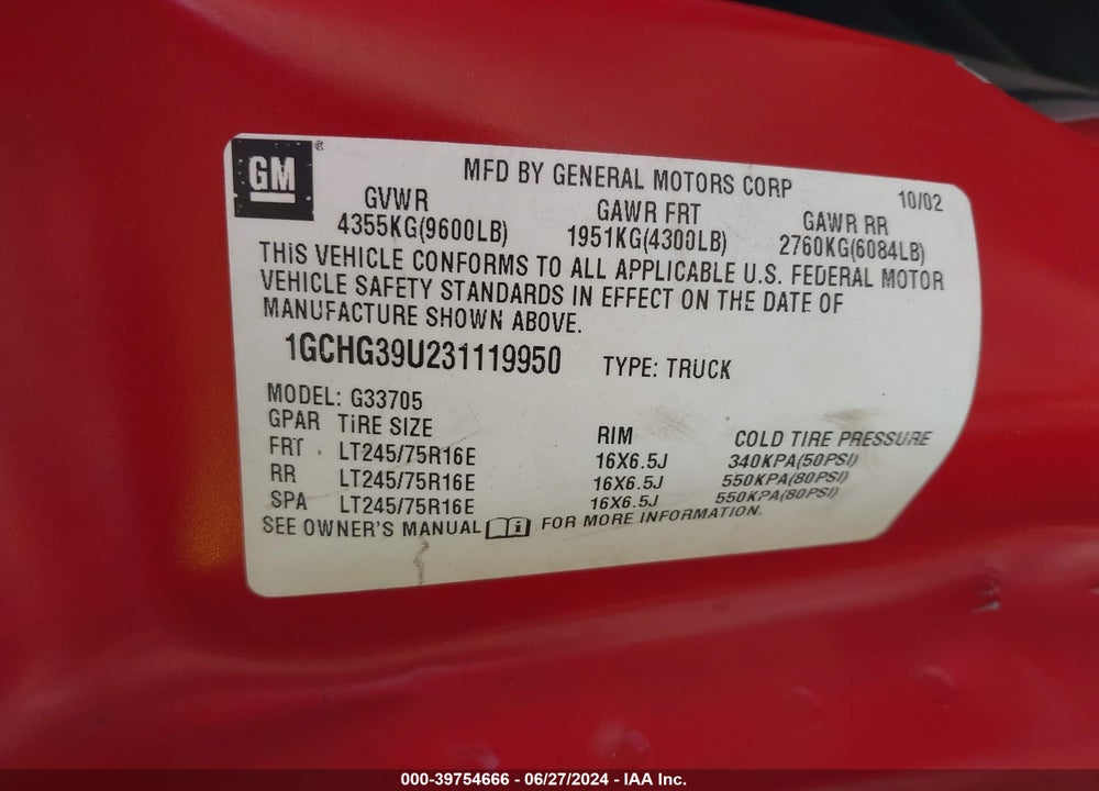 2003 CHEVROLET EXPRESS VIN: 1GCHG39U231119950