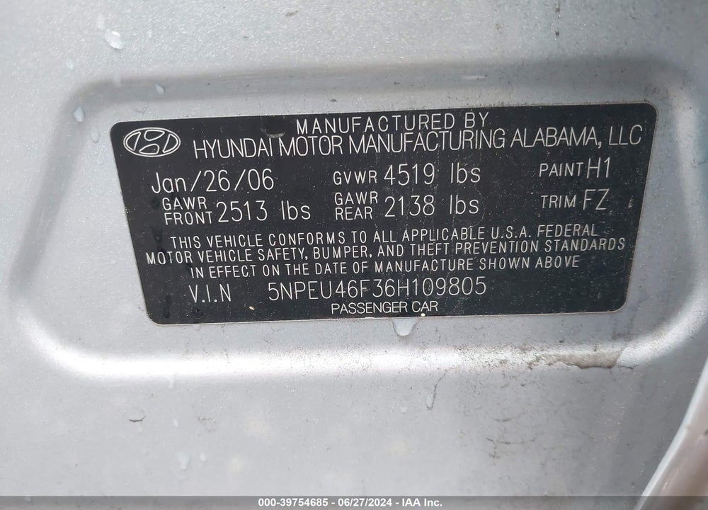 2006 HYUNDAI SONATA GLS V6/LX V6 VIN: 5NPEU46F36H109805