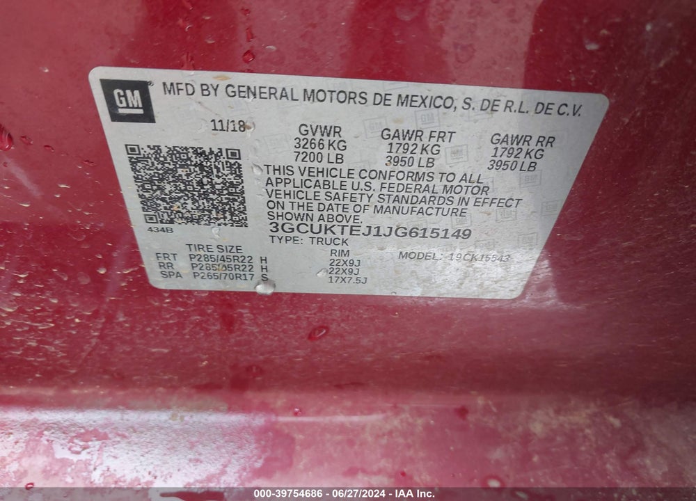 2018 CHEVROLET SILVERADO 1500 HIGH COUNTRY VIN: 3GCUKTEJ1JG615149