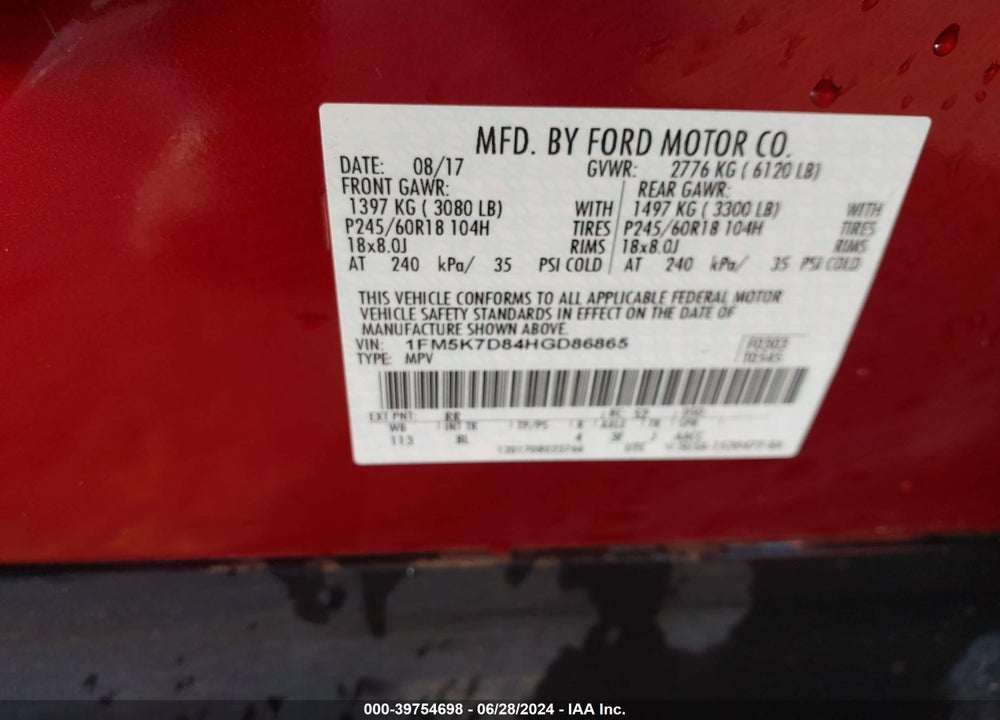 2017 FORD EXPLORER XLT VIN: 1FM5K7D84HGD86865