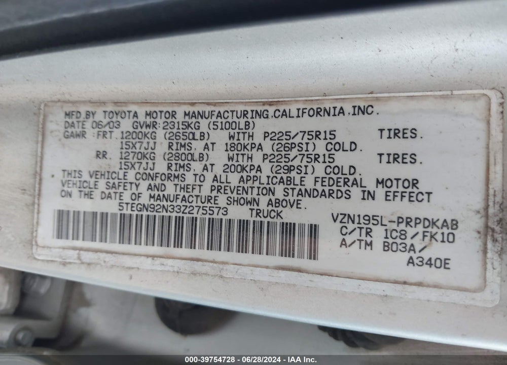 2003 TOYOTA TACOMA PRERUNNER V6 VIN: 5TEGN92N33Z275573