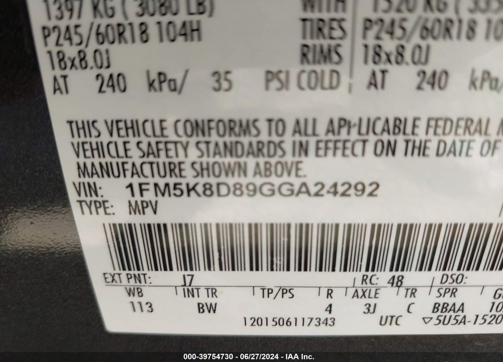2016 FORD EXPLORER XLT VIN: 1FM5K8D89GGA24292