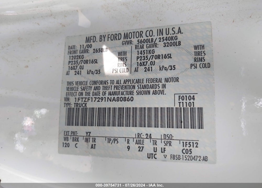2001 FORD F-150 XL/XLT VIN: 1FTZF17291NA80860