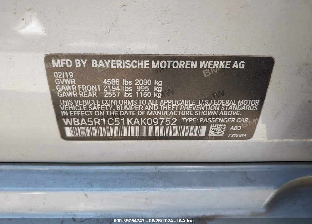 2019 BMW 330I VIN: WBA5R1C51KAK09752