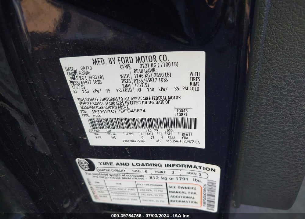 2013 FORD F-150 XLT VIN: 1FTFW1CF7DFD49674