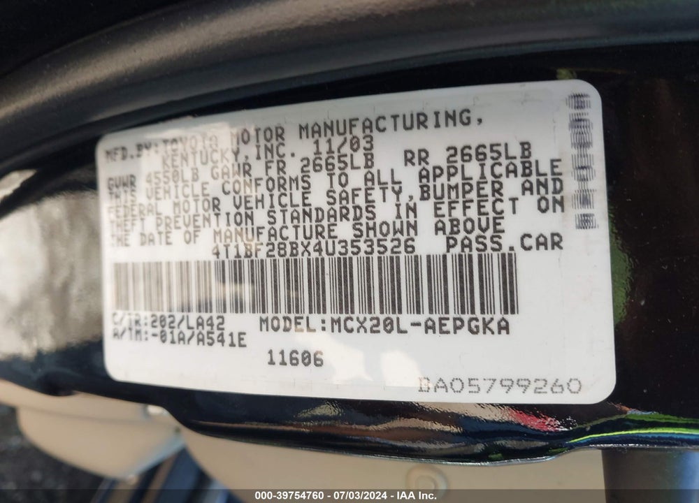 2004 TOYOTA AVALON XLS VIN: 4T1BF28BX4U353526
