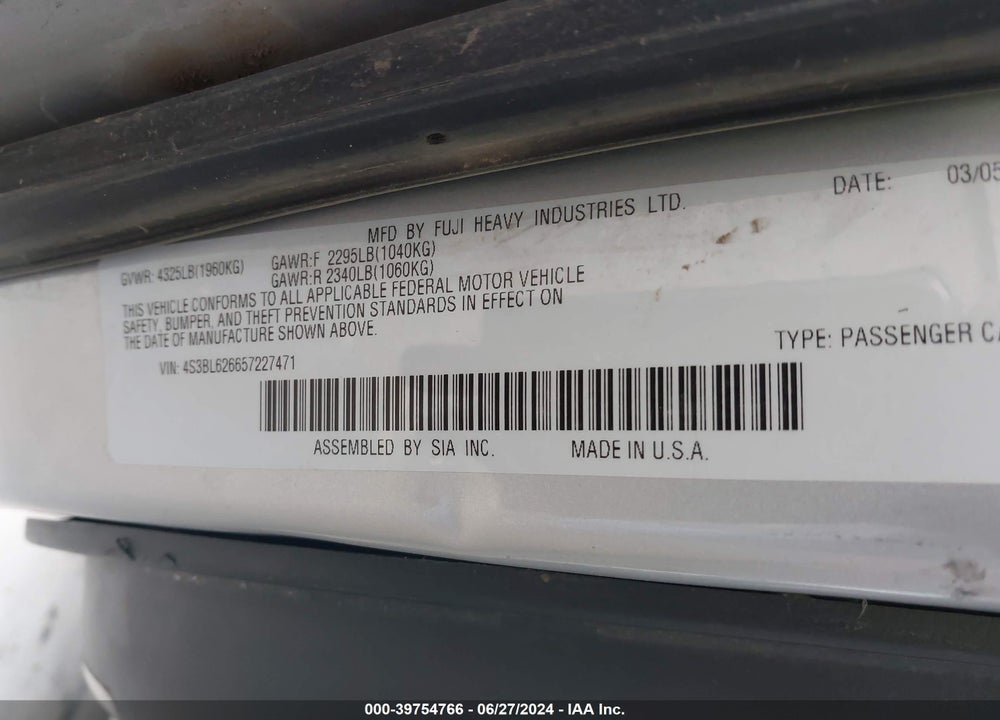 2005 SUBARU LEGACY 2.5I LIMITED VIN: 4S3BL626657227471