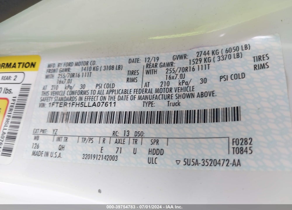2020 FORD RANGER XL VIN: 1FTER1FH5LLA07611