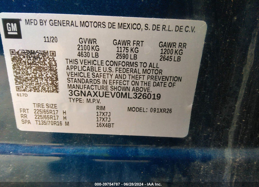 2021 CHEVROLET EQUINOX AWD LT VIN: 3GNAXUEV0ML326019