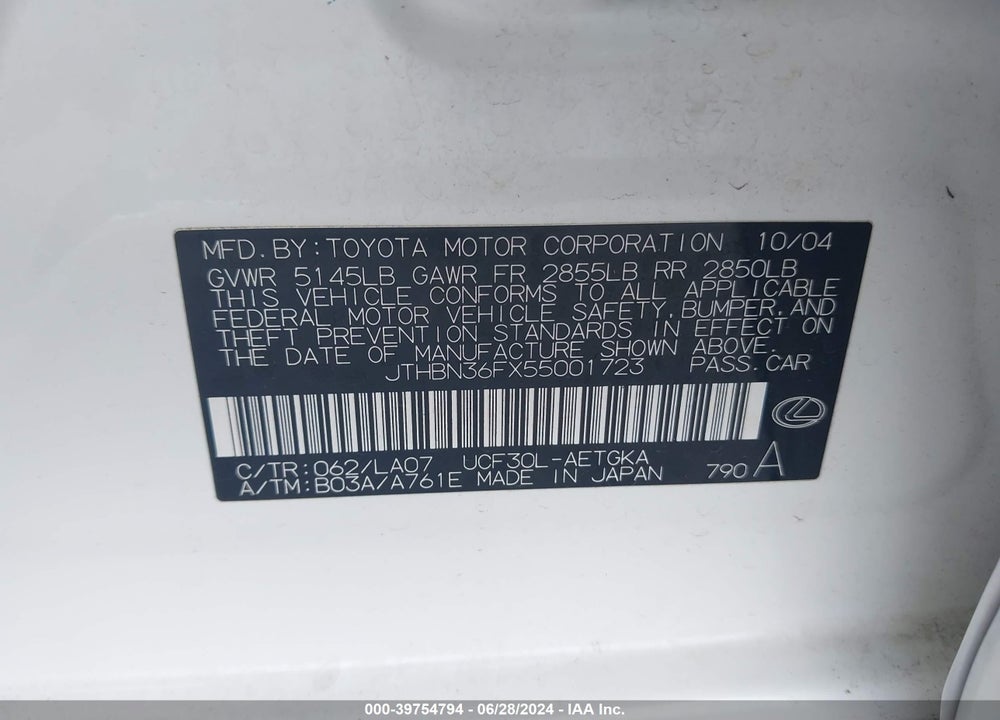 2005 LEXUS LS 430 VIN: JTHBN36FX55001723
