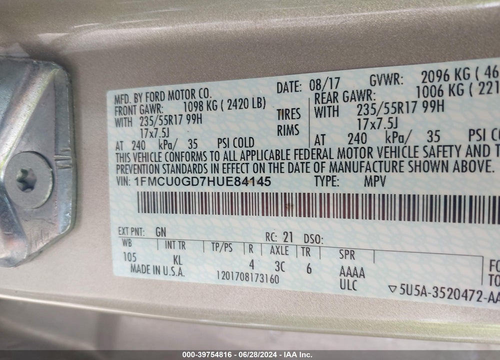 2017 FORD ESCAPE SE VIN: 1FMCU0GD7HUE84145