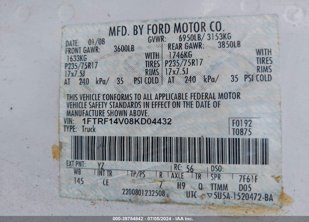 2008 FORD F-150 XL VIN: 1FTRF14V08KD04432