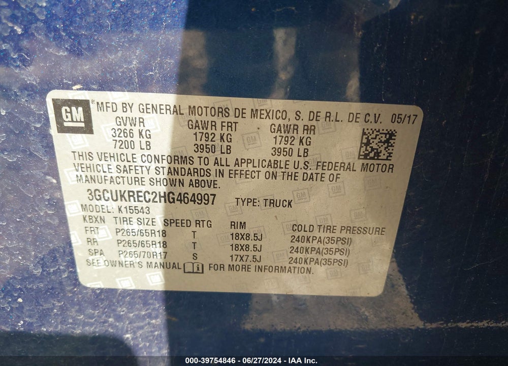 2017 CHEVROLET SILVERADO 1500 2LT VIN: 3GCUKREC2HG464997