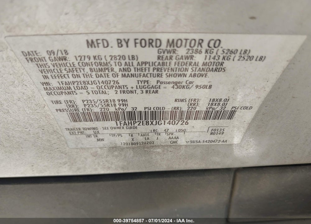 2018 FORD TAURUS SEL VIN: 1FAHP2E8XJG140726