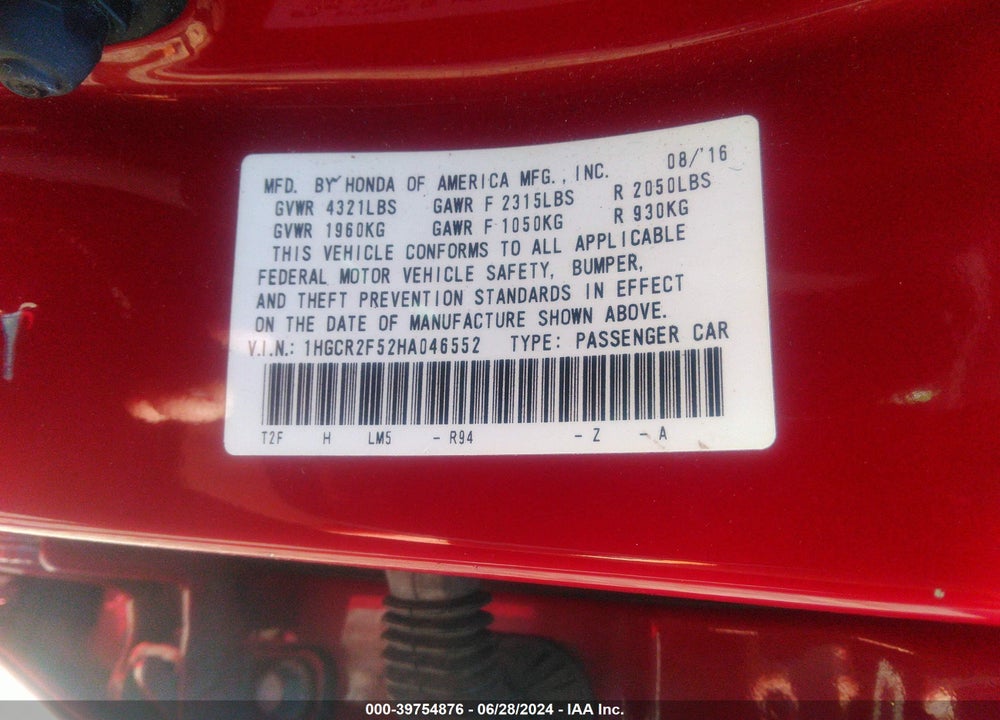 2017 HONDA ACCORD VIN: 1HGCR2F52HA046552